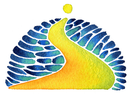 Aquarell-Illustration: gelber Pfad über blauem Horizont mit Sonne